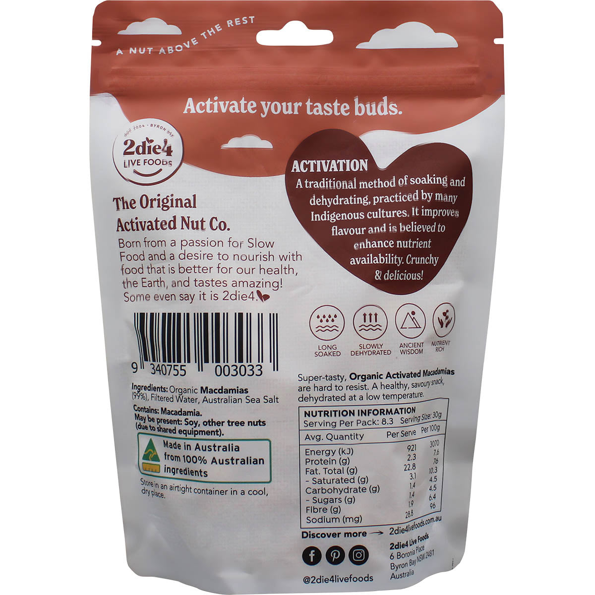 2die4 Organic Activated Macadamias- 250g